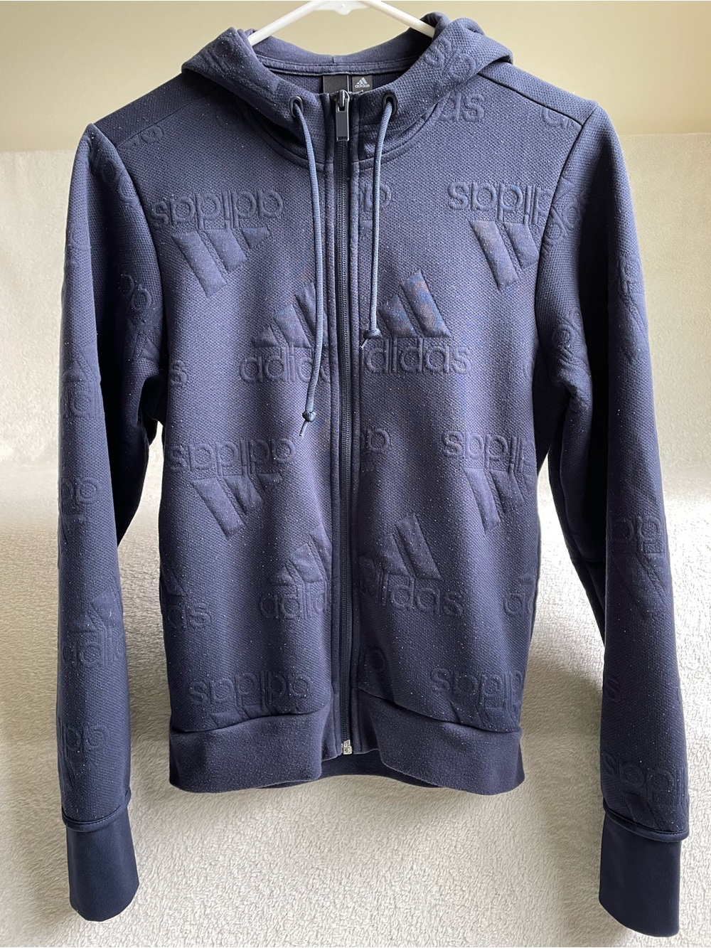 Adidas Aeroready Full-zip Hoodie, Navy Blue Embossed Logo Pattern Size XS